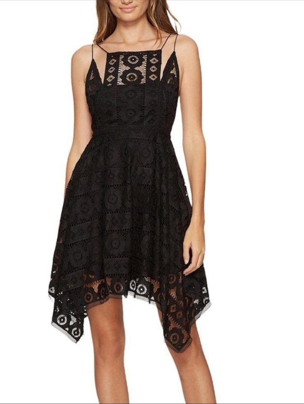 Free People Just Like Honey Lace Dress Size 10 Black Handkerchief Hem Open Back